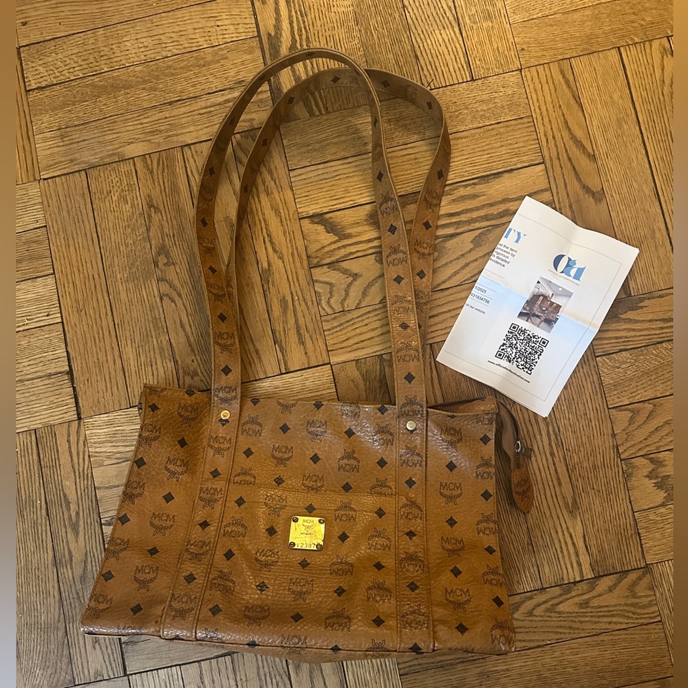 MCM Cognac Visetos Coated Canvas Heritage Top Zip Shopper Tote W COA